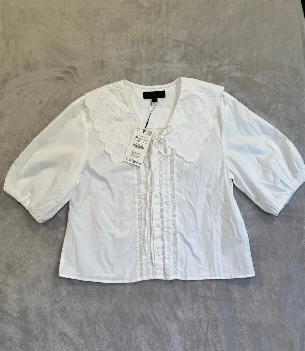ZARA White Embroidered Peter Pan Collar Puff Sleeve Blouse Top Size M NWT